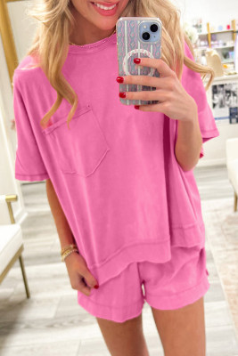 Strawberry Pink Raw Edge Patch Pocket Oversized Top and Shorts Set LC629530-P306