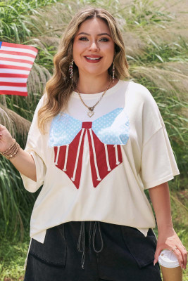 White Distressed Flag Bow Patched Plus Size T Shirt PL25231015-P101
