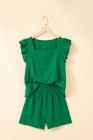 Dark Green Textured Square Neck Top and Shirred High Waist Shorts Set