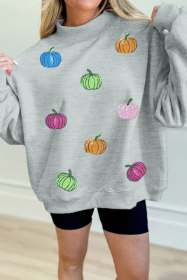 Gray Sequin Pumpkin Patch Mock Neck Baggy Sweatshirt LC25322013-P11