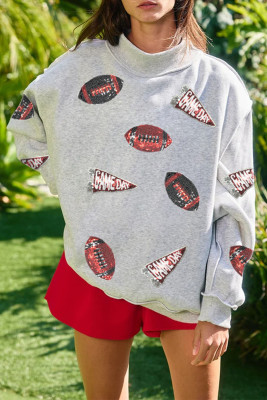 Light Grey Sequin Rugby Game Day High Neck Baggy Sweatshirt LC25322046-P1011