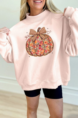 Apricot Pink Floral Pumpkin Graphic Mock Neck Oversized Sweatshirt LC25322036-P2010
