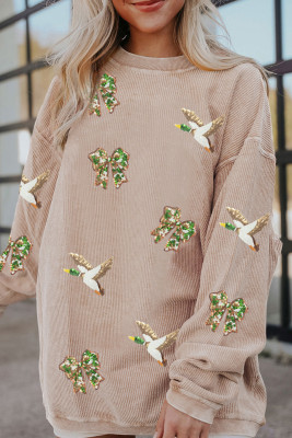 Apricot Twisted Rib Sequin Patched Mallard Bow Pattern Oversized Sweatshirt LC25322032-P18