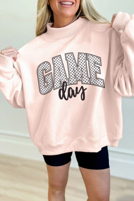 Apricot Pink Game Day Polka Dot Slogan Graphic Mock Neck Baggy Sweatshirt LC25322059-P2010