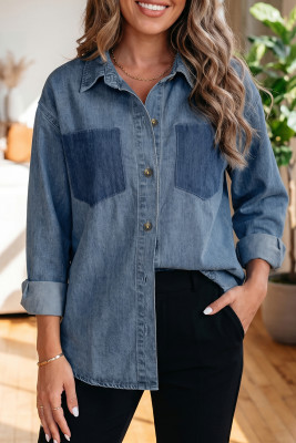 Sky Blue Color Block Pocket Detail Casual Button Down Denim Shirt LC7821758-P420