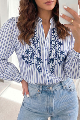 Blue Stripe Embroidered Detail Button Front Long Sleeve Shirt LC2557843-P519
