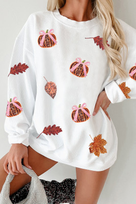White Sequin Pumpkin Leaf Corded Ribbed Oversized Sweatshirt LC25322034-P1
