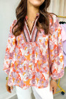 Pink Floral Print V Neck Long Sleeve Shift Blouse