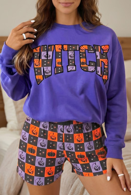 Orange Witch Letter Print Long Sleeve Top Checkered Elastic Waist Shorts Set LC629866-P1420