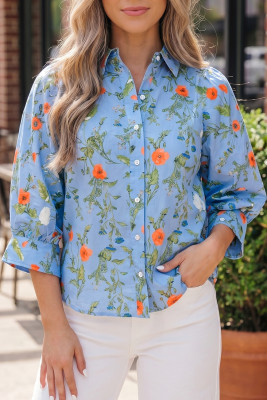 Sky Blue Floral Print Bracelet Sleeve Button Down Casual Shirt LC2557844-P420