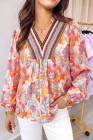 Pink Floral Print V Neck Long Sleeve Shift Blouse