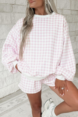 Pink Plaid Baggy Pullover Drawstring Casual Shorts 2pcs Outfit LC629605-P1020