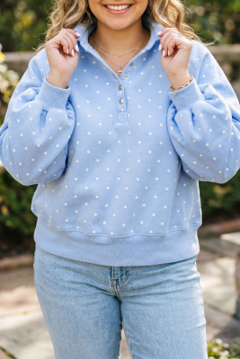 Sky Blue Polka Dot V Neck Metal Button Long Sleeve Shift Plus Size Sweatshirt PL2531328-P420