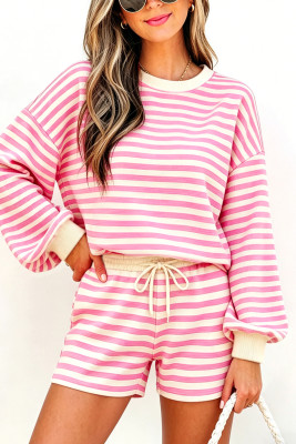 Pink Striped Long Sleeve Crew Neck Drawstring Waist Shorts Set LC629767-P10