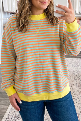 Orange Stripe High Neck Striped Colorblock Tunic Plus Size Sweatshirt PL2531329-P1419