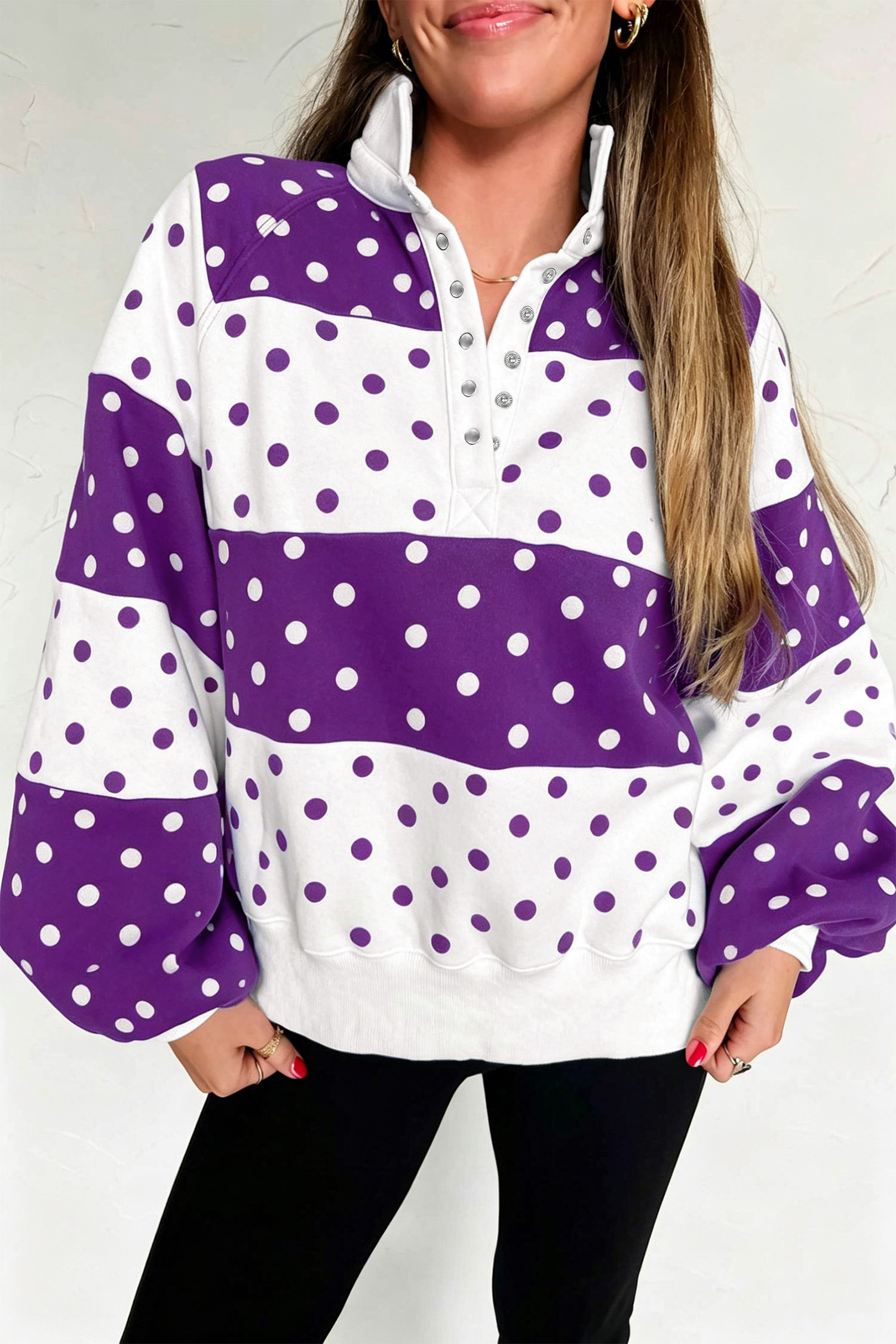 US$ 15.18 Drop-shipping Purple Polka Dot Colorblock Half Zip Puff ...